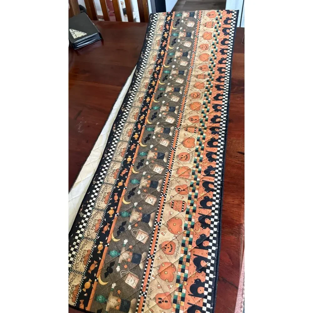 VTG 90s Debbie Mumm Halloween Cloth Table Runner Cat Frankenstein Pumpkin 71 in